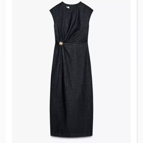 Zara Gold Applique Denim Midi Dress - Picture 8 of 10